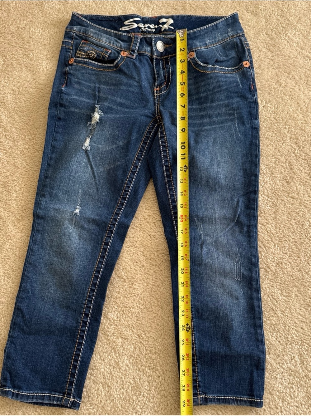 Seven7 Women's Dark Blue Cropped Distressed Jeans
